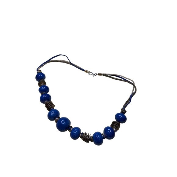 Artisan Blue Ceramic Bead Necklace Goldtone Black and Blue Cords Hook Clasp - Picture 2 of 5